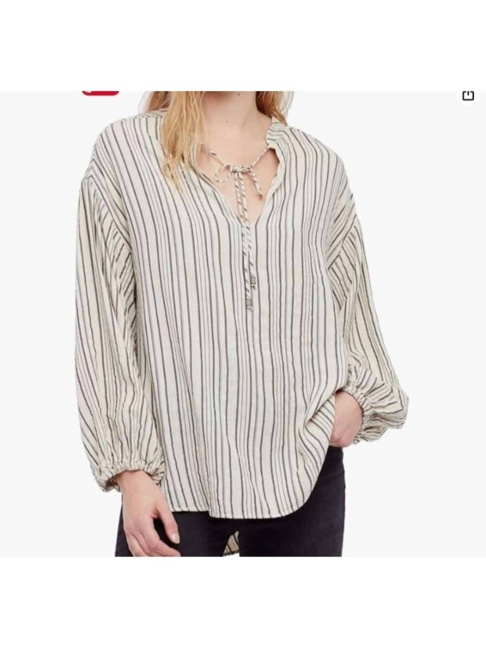 Free People Bishop Sleeves Striped Tunic Top XS Cream Gray Boho Oversized